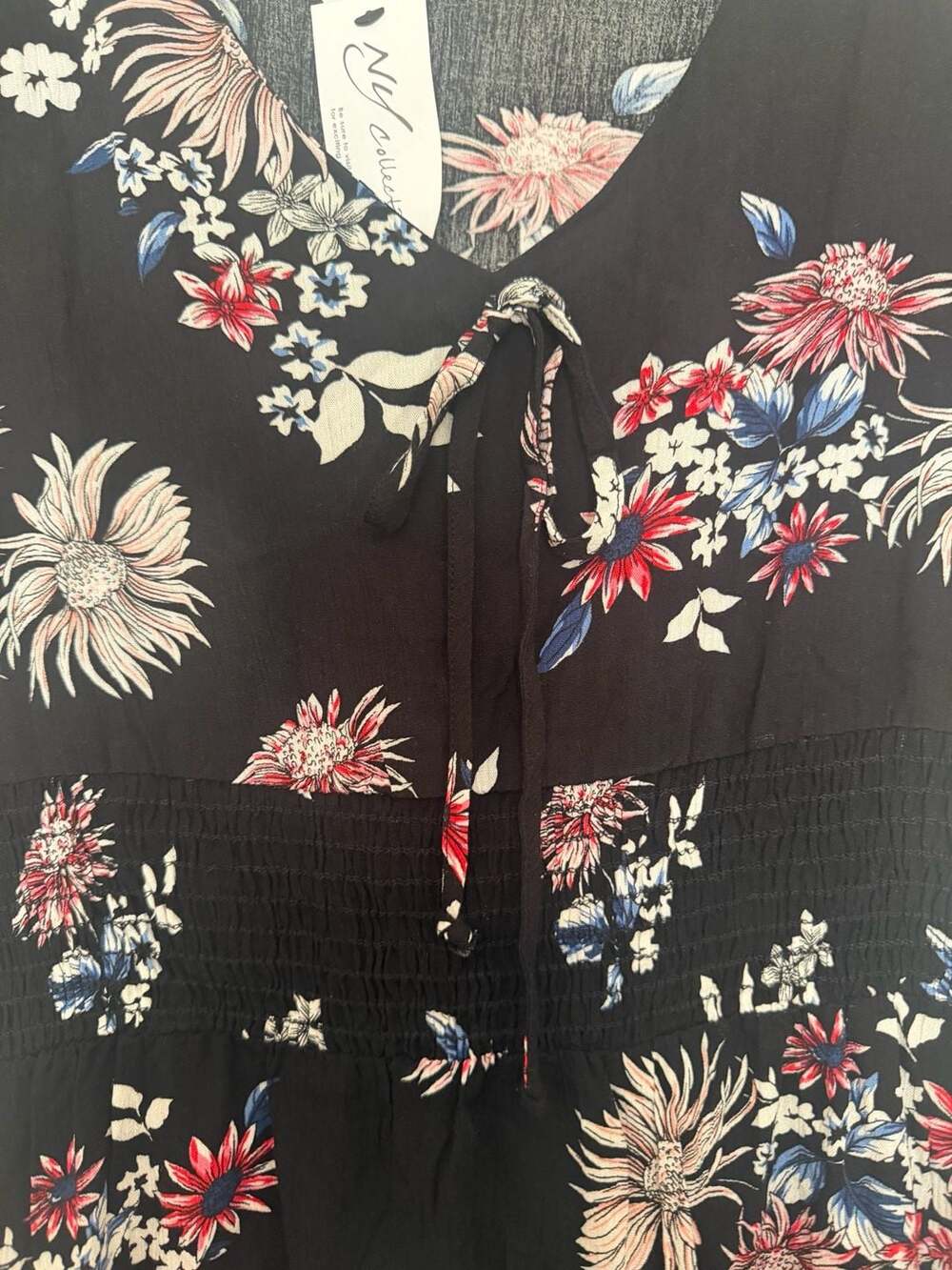 NY Collection Black Floral Print Tie Front Ruffle Hem Dress - Picture 3 of 6